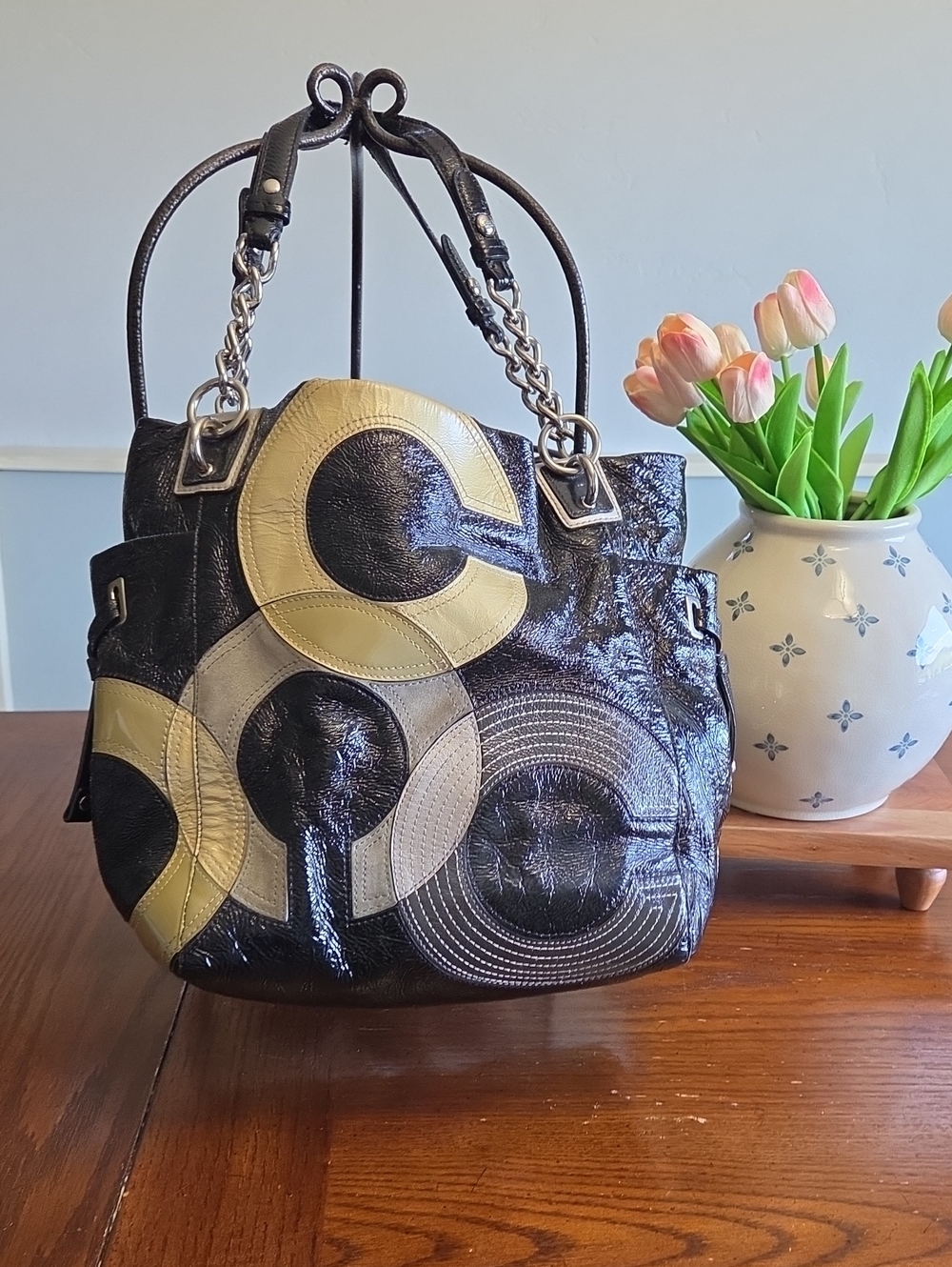 Coach Peyton Black Patent Shoulder Bag with Cream and Tan Circle Appliqués